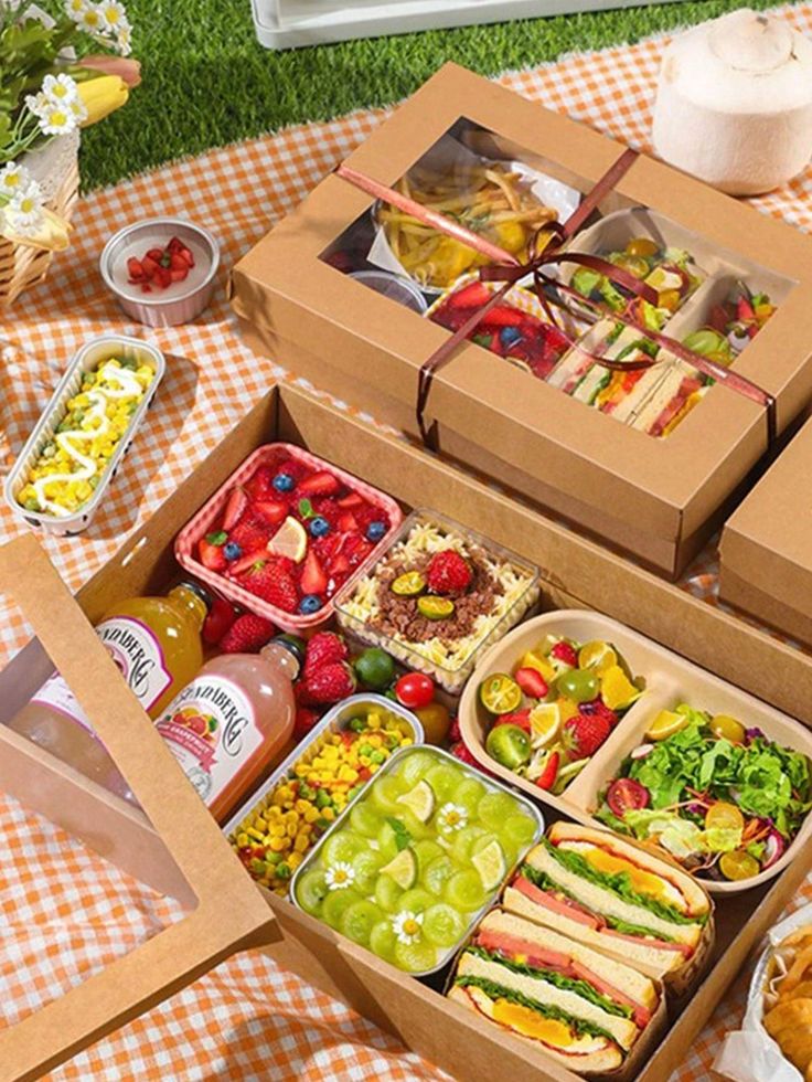 two boxes filled with food sitting on top of a checkered tablecloth covered field