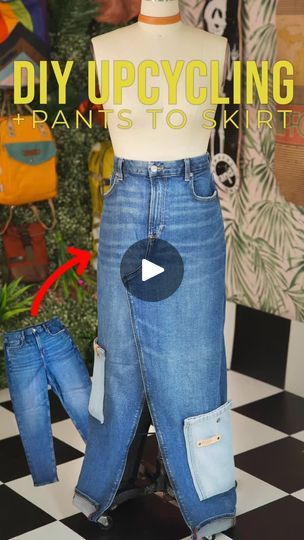 a mannequin with jeans on it and the words diy upcycling trains to skirt