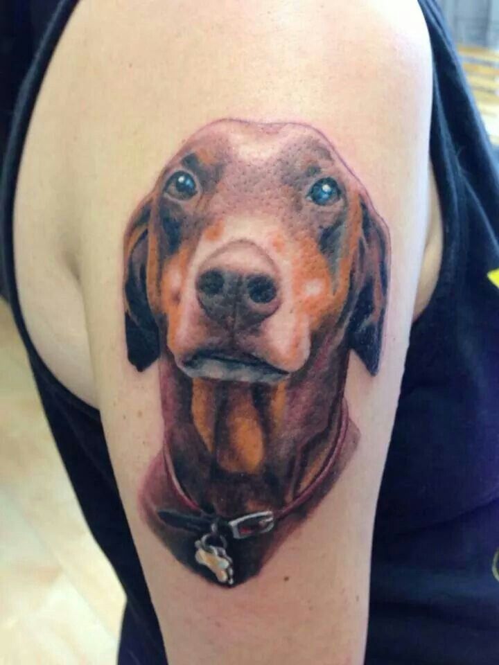 a dog tattoo on the arm of a woman's left shoulder, with blue eyes