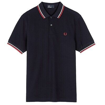 a polo shirt with a red and white stripe on the collar, in navy blue