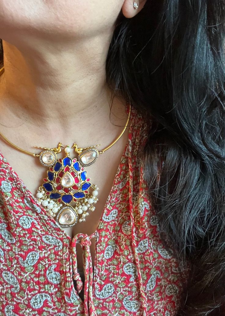 Premium quality. New arrivals for the festival season ♥️ The gorgeous necklace is beautifully handcrafted by our skilled Indian craftsmen. Material: Brass. This is one of a kind designer piece that will make you stand out among the crowd. Weight: 73 grams Height of Pendant: 3.5 inches Width of Pendant: 2.5 inches Hook closure, adjustable Heavy Pendant Necklace As A Gift, Kundan Necklace With Round Pendant For Gift, Heavy Temple Jewelry Necklaces As Gift, Festival Round Pendant Necklace, Festive Round Pendant Necklace For Festivals, Tilla Necklaces For Festivals And Celebrations, Festive Necklace With Detachable Pendant, Festive Round Pendant Jewelry For Festivals, Kundan Pendant Necklace For Gift