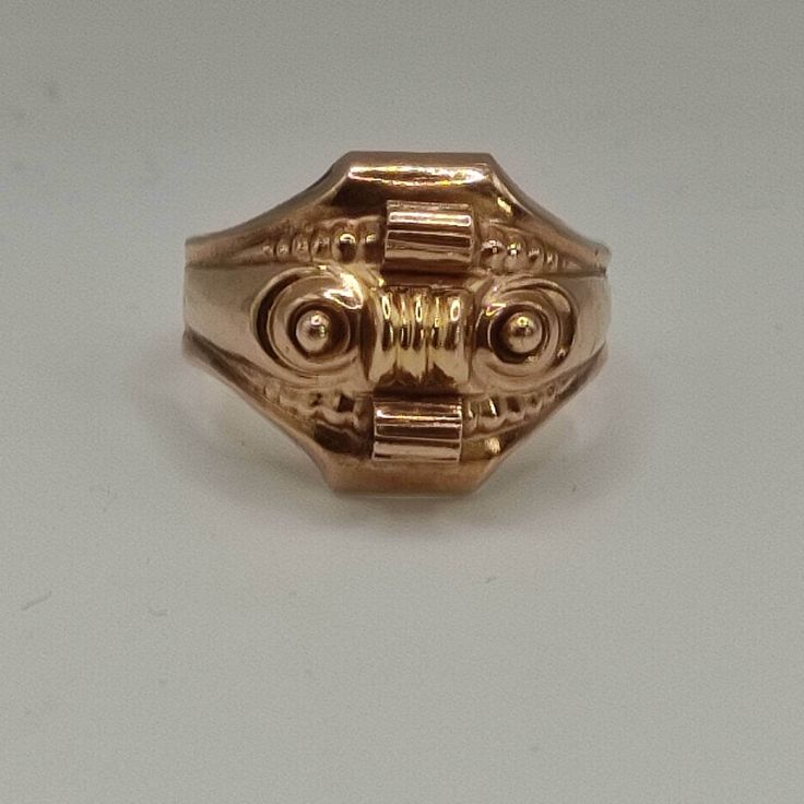 This is an antique ring from the Biedermeier period. The face of the ring is hollow worked as it was common for Biedermeier jewelry.  It's 8k gold. Very unusal! The ring look a little bit like a tank ring or an asian dragon mask to me. Inner diameter is 20mm Approx. size: US 10, UK U 1/2, German 63 It's resizeable! Weight: 4,10gr The pictures are a part of the description & they are enlarged for a better description! Please also have a look at wearing pictures and the dimensions!  The boxes in t Collectible Gold Rings With Historical Design, Antique Engraved Ring With Decorative Band, Antique Ceremonial 14k Gold Rings, Victorian Rings With Historical Design For Ceremonial Occasion, Antique 14k Gold Ceremonial Rings, Victorian Ceremonial Rings With Historical Design, Antique 14k Gold Rings For Ceremonial Occasions, Ceremonial Yellow Gold Ring With Historical Design, Antique Hallmarked Gold Dome Ring