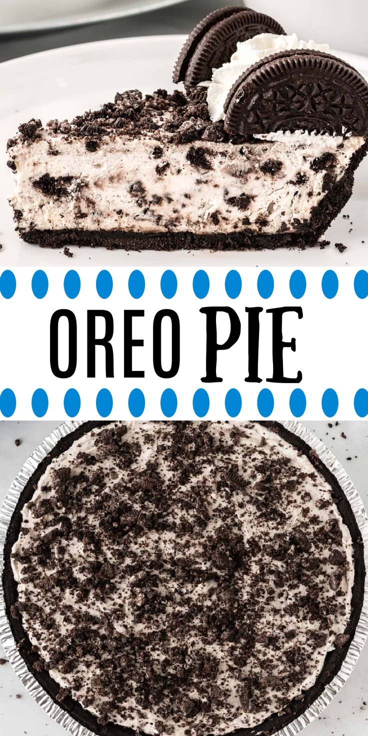 oreo pie on a plate with the words oreo pie in front of it