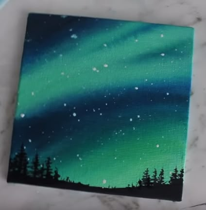 an acrylic painting of the aurora bore in green and blue with trees on it