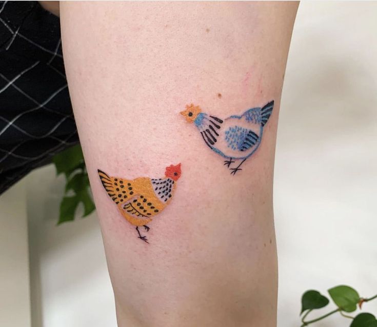 two colorful birds on the leg of a woman's legs, one is yellow and the other is blue