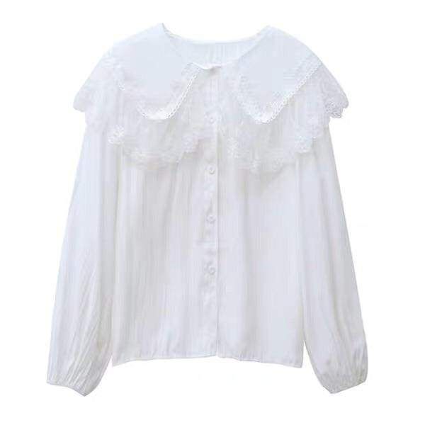 Kawaii Mori Girl Lace Collar Long Sleeve Shirt One Size Bust: 98cm Length: 59cm Sleeve:58cm Material: Polyester Harajuku Style Cotton Tops For Spring, Harajuku Style Cotton Top For School, Kawaii Long Sleeve Tops For Fall, Harajuku Style Tops For Summer School, Cute Ruffled Collar Tops For Fall, Casual Peter Pan Collar Blouse For Daywear, Casual Blouse With Peter Pan Collar, Casual Blouse With Peter Pan Collar For Daywear, Kawaii Cotton Tops