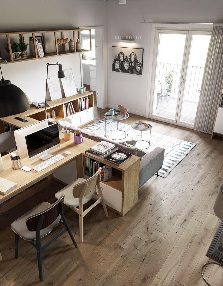 a living room filled with furniture and bookshelves