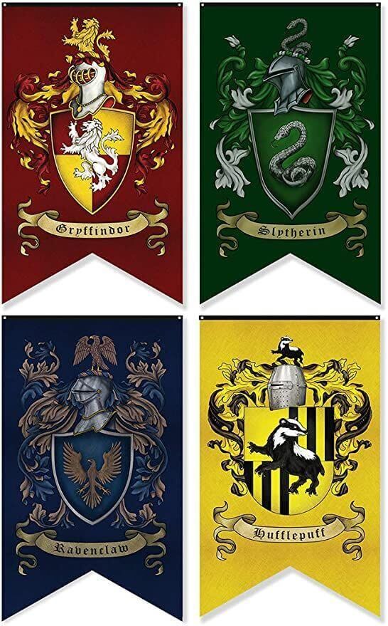 four different colored banners with crests on them