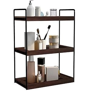 three tiered shelving unit with various items on it and one shelf holding toiletries