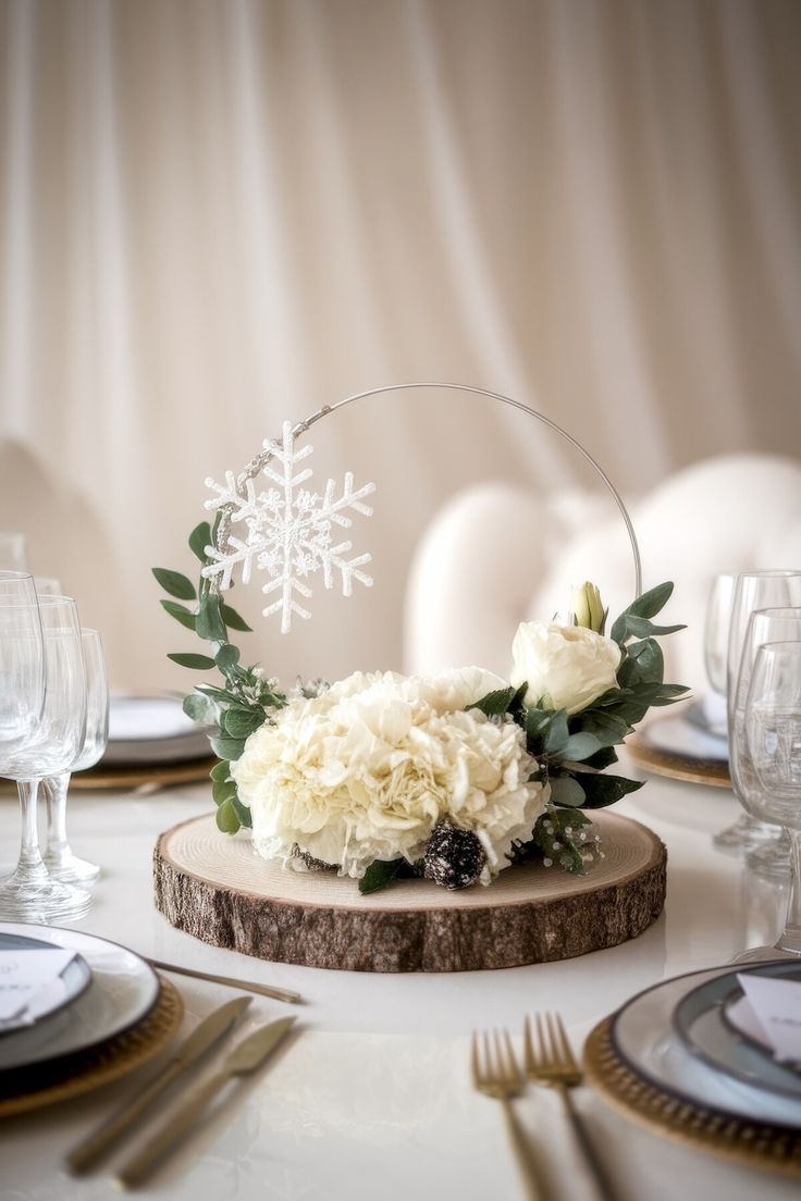 A winter-themed baby shower centerpiece features white flowers and greenery on a wooden slab with a decorative snowflake. This delightful arrangement, surrounded by elegantly set dinnerware and glassware on a white table, offers charming centerpiece ideas for your special occasion. Winter Wonderland Baby Shower Theme, Snowflake Baby Shower Ideas, Baby Shower Centerpiece Ideas, Winter Wonderland Centerpieces, Frosted Pinecones, Snowflake Centerpieces, Pinecone Centerpiece, Winter Baby Shower Themes, Winter Shower