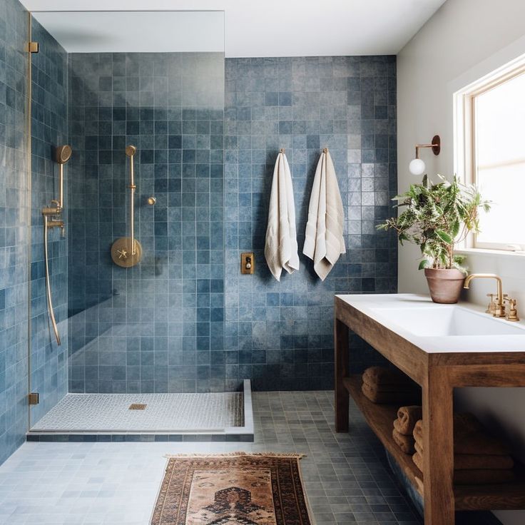 a bathroom with blue tiles and gold fixtures