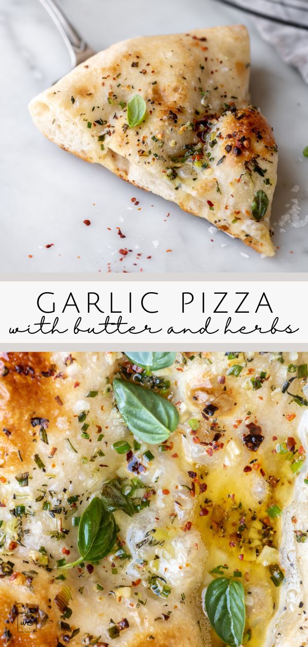 two slices of garlic pizza sitting on top of a white plate next to each other