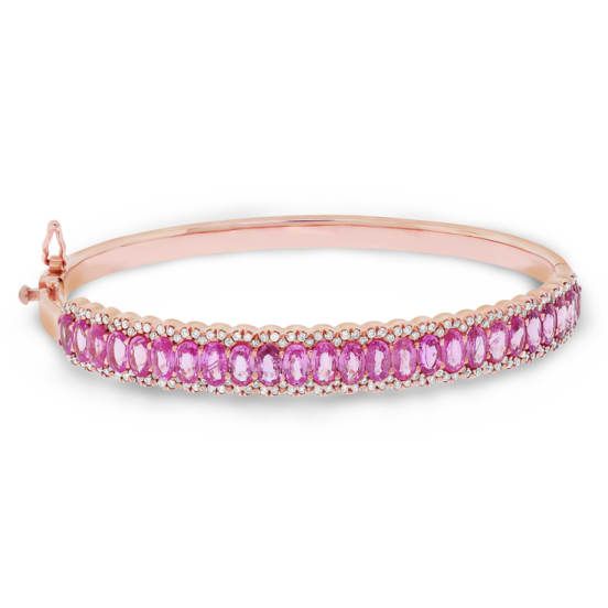 Gorgeous Bangle Bracelet Featuring 25 Natural Oval Pink Sapphires Set Into Four-Prong Setting. The Pink Sapphires Are Surrounded For 164 Round Cut Diamonds Set Into Pave- Setting. All Set In A 14KT Rose Gold. This Item Is Made-To-Order. Please Allow Up To 10 Business Days To Make It. Pink Gold Formal Fine Jewelry Bracelets, Pink Gold Formal Bangle Jewelry, Formal Pink Gold Bangle Jewelry, Formal Pink Gold Bangle, Formal Pink Gold Bracelet, Pink Bangle Fine Jewelry, Formal Pink Bracelets In Fine Jewelry Style, Pink Fine Jewelry Bangle, Pink Fine Jewelry Bracelet For Formal Occasions