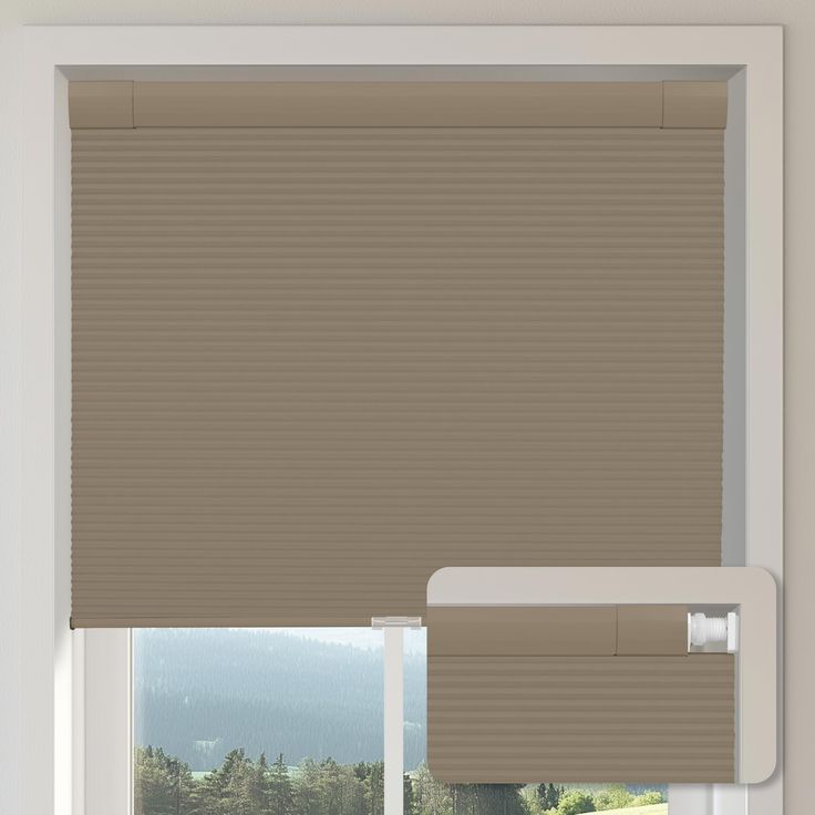 an open window with blinds on the outside