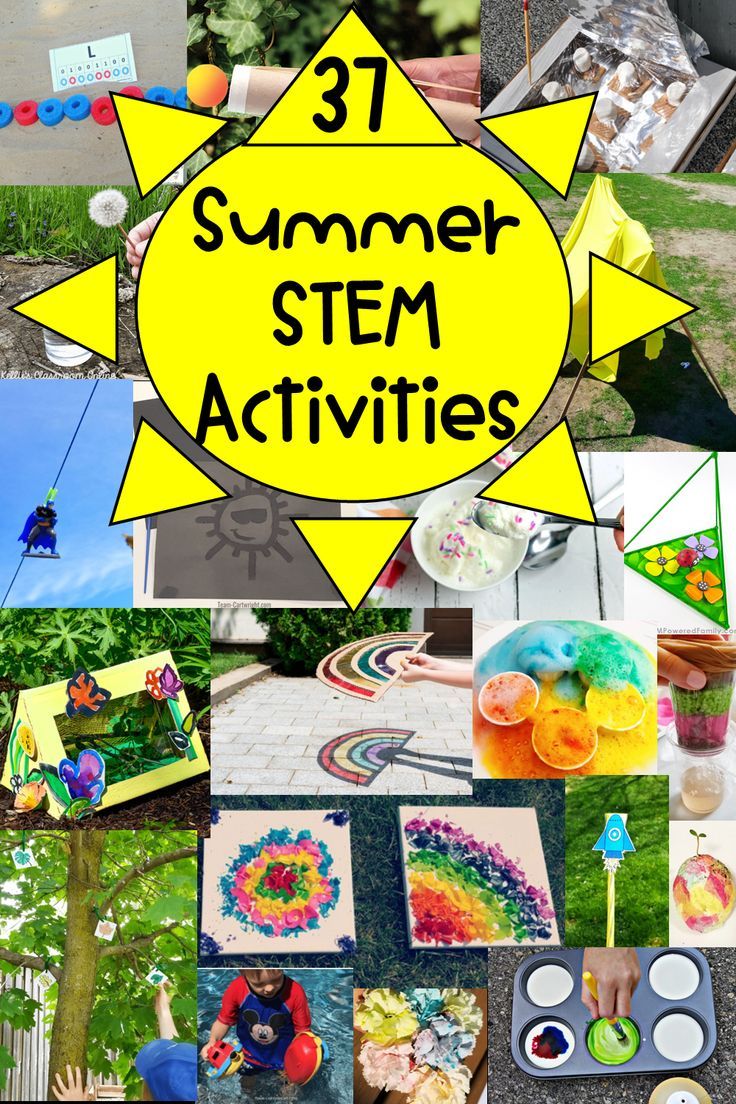 The pin shows a collage of pictures of STEAM activities such as fizzing rainbow, sunscreen imprint on paper, melting DIY smores, rainbow shadows and DIY bug home. Summer Stem Activities, Simple Stem Activities, Summer School Activities, Stem Activities For Kids, Summer Stem, Summer Homeschool, Summer Camp Activities, Summer Science, Free Activities For Kids