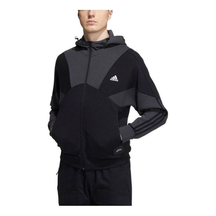 adidas Casual Sports hooded Splicing Jacket Black HE7469 (Men's) Urban Hooded Activewear For Sports, Adidas Sports Hoodie, Adidas Sportswear Hoodie For Sports, Urban Hooded Track Jacket With Adidas Logo, Urban Style Hooded Track Jacket With Adidas Logo, Sportswear Track Jacket With Adjustable Hood, Urban Hooded Track Jacket, Adidas Hooded Activewear For Streetwear, Sporty Track Jacket With Adjustable Hood