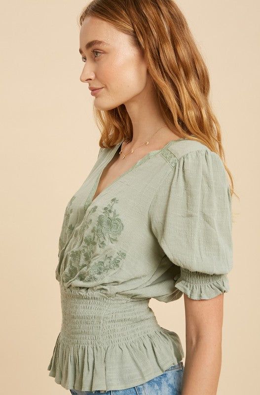 We hear neutrals are in and not going anywhere! Here's a flirty twist on your favorite neutral color. This gorgeous tone on tone embroidered top features a Lace trim, V-neck neckline, Lace inset accents, & smocked waist and sleeves. Specifications: 100% Rayon - Lining 100% Polyester Lace 100% Cotton Smocked waist Smocked and bubble short sleeves Lace trim Tone on tone Embroidery Color: Sand Sizing: Small - Bust 34"-35" Waist 27"-29" Hips 36"-38" Medium- Bust 36"-39" Waist 30"-32" Hips 39"-41" La Cheap Green Tops With Smocked Bodice, Chic Smocked Blouse, Cheap Chic Smocked Blouse, Trendy Floral Print Smocked Top, Affordable Cotton Smocked Top With Floral Print, Cheap Cotton Smocked Top With Floral Print, Cheap Chic Smocked Top For Beach, Cheap Spring Blouse With Smocked Back, Luxury Summer Chic Smocked Top