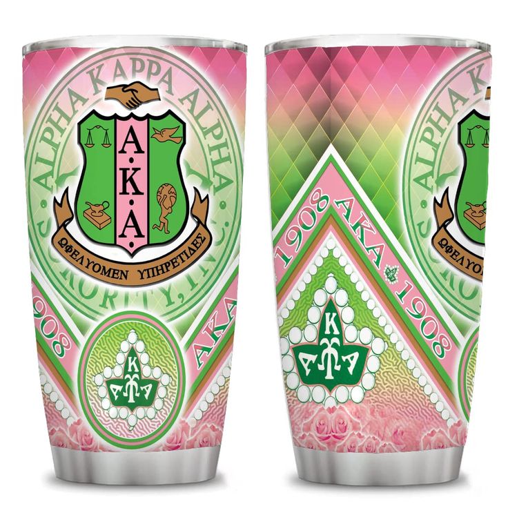 two cups with different designs on them, one is green and the other is pink