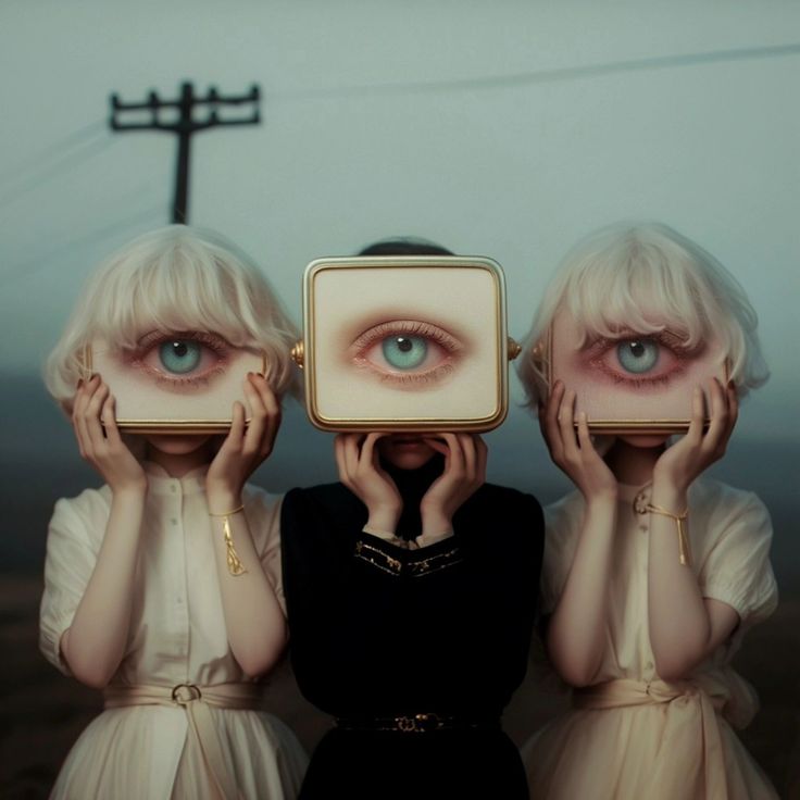 three women are holding up their eyes to see the same person's reflection in front of them