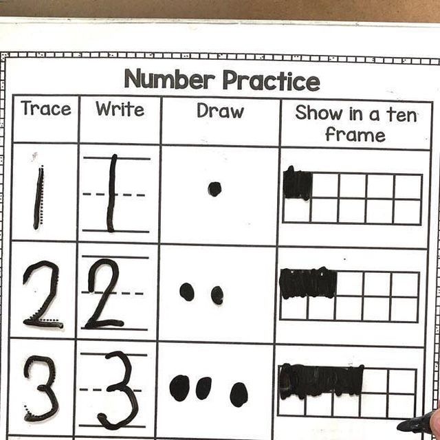 a number practice sheet with numbers drawn in black ink on white paper and a hand holding a pencil