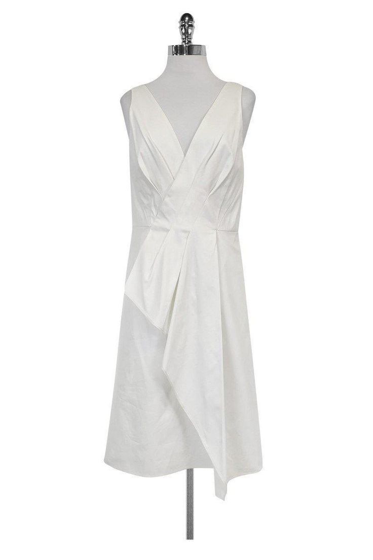 Current Boutique-Rachel Roy - White Draped Dress Sz 8 Elegant Cotton Midi Dress For Formal Occasions, Elegant Cotton Midi Dress For Formal Events, Elegant Formal Cotton Midi Dress, White Cotton Midi Dress For Formal Occasions, Formal White Cotton Midi Dress, Elegant Cotton Midi Dress For Party, Fitted White Dresses With Folds, White Midi Dress With Ruched Asymmetrical Neckline, Fitted White Dress With Folds