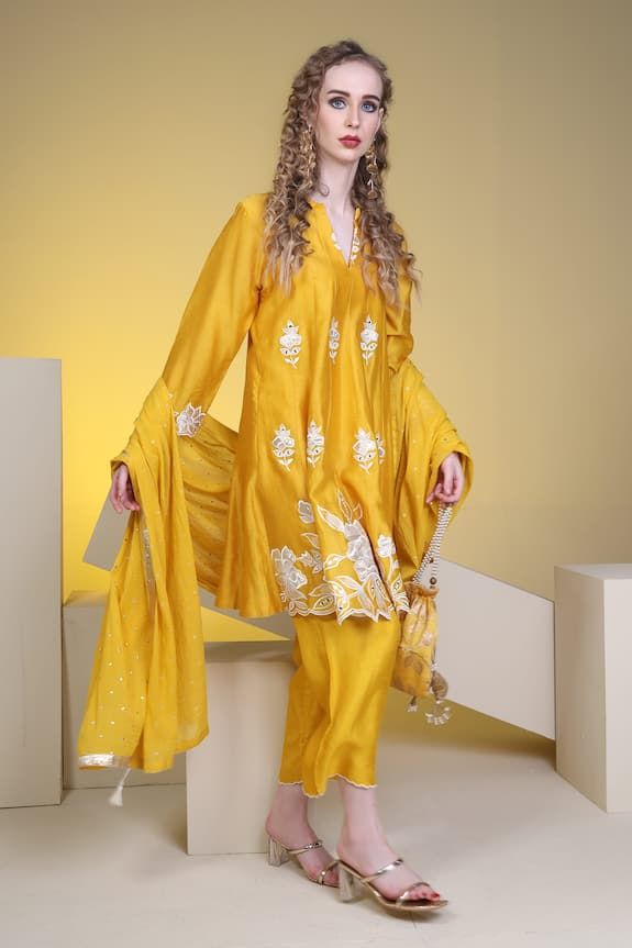 Yellow anarkali with floral applique embroidery. Paired with a pant and dupatta. - Aza Fashions Bollywood Style Dabka Embroidered Tissue Silk Dress, Bollywood Tissue Silk Dress With Dabka Detailing, Festive Designer Lawn Suit In Tissue Silk, Festive Designer Tissue Silk Lawn Suit, Eid Tissue Silk Dress With Dabka Details, Eid Tissue Silk Dress With Dabka, Designer Dola Silk Lawn Suit, Raw Silk Lawn Suit With Resham Embroidery, Festive Designer Dola Silk Lawn Suit