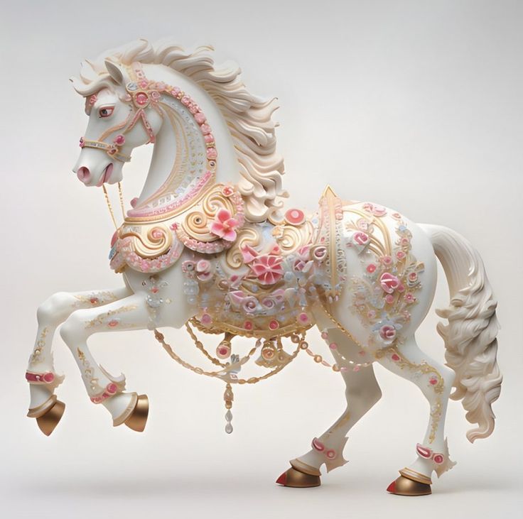 a white horse with pink flowers on it's body and manes is shown