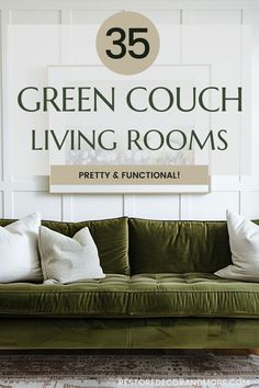 a green couch sitting in front of a white wall