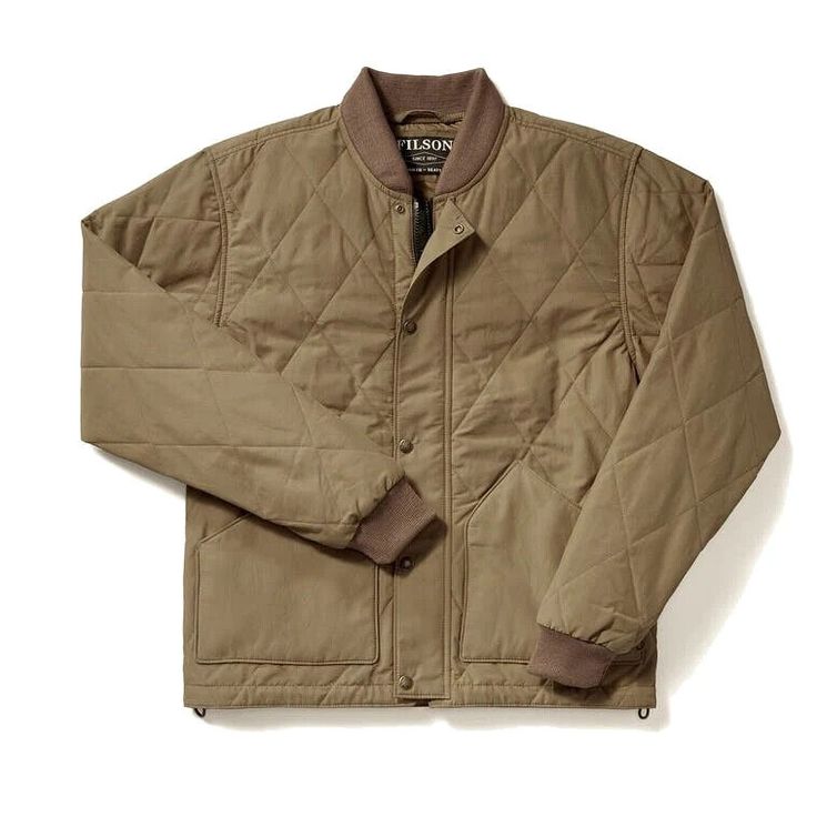 Item: Filson Quilted Pack Jacket Condition: NEW  Color: Tan Product #: 20019781 Note: Pristine! Info: This warm, versatile jacket can be worn on its own or layered under a coat. Wear our Quilted Pack Jacket on its own in the spring and fall, and zipped into a compatible Filson rain jacket when the weather turns sour – its versatility makes it ideal for any season. 60g PrimaLoft® Gold insulation provides lightweight warmth, even if it gets soaked. Its rib-knit cuffs and collar seal in the warmth and provide a custom fit. Equipped with a drawcord-adjustable waist and interior stow pocket.FEATURES Quilted with PrimaLoft® Gold 60g insulation Drawcord-adjustable waist for custom fit Nylon lined for easy on/off Flannel-lined handwarmer pockets Zips into select Filson jackets Rib-knit collar and Filson Jacket, Filson Mens, Liner Jacket, Outdoor Coats, Man Quilt, Perfect Coat, Men's Wear, Spring And Fall, Custom Fit