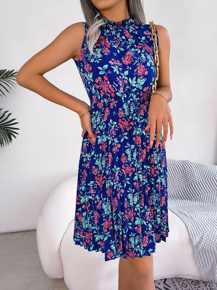 Elegant Floral Cinched Pleated Dress - Royal Blue,XL Casual A-line Maxi Dress With Smocked Back, Casual A-line Midi Dress With Smocked Back, Casual A-line Midi Dress With Pleated Waist, Casual A-line Floral Dress For Garden Party, Casual A-line Midi Dress With Floral Print, Casual Ruched Dresses For The Beach, Casual Ruched Dresses For Beach, Casual Fit And Flare Midi Dress For Garden Party, Casual Pleated Spring Dress