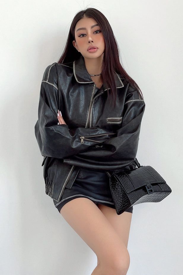 Item Type: CoatMaterial: LeatherSleeve Length: Long SleeveColor: BlackSize: S.M.L Size(cm) Clothing Length Bust Shoulder Width Sleeve Length S 59 124 58 52 M 60 128 59 53 L 61 132 60 54 Trendy Collared Biker Jacket For Work, Chic Leather Jacket With Pockets And Long Sleeves, Casual Black Leather Jacket With Lapel Collar, Casual Collared Biker Jacket For Work, Trendy Long Sleeve Biker Jacket With Pockets, Workwear Leather Jacket With Contrast Stitching, Casual Leather Jacket With Zipper Closure, Trendy Black Leather Jacket With Lapel Collar, Black Leather Jacket With Lapel Collar For Spring