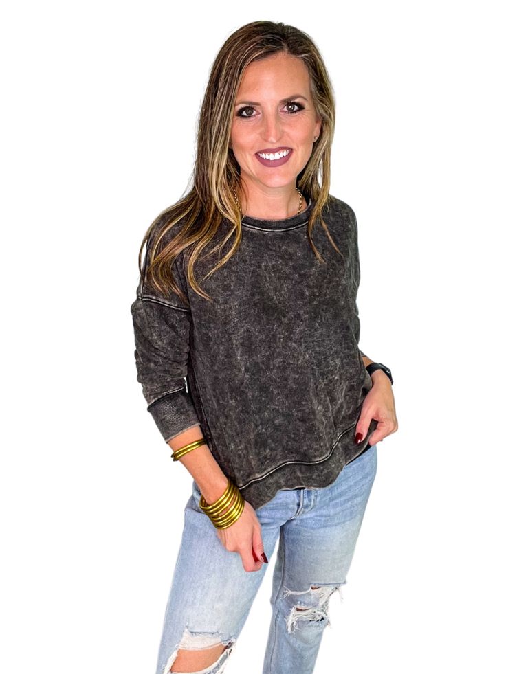 Our new French Terry Acid Wash Pullover is the perfect comfy top for a casual day! It features an acid wash giving it a vintage look, boat neck, and long sleeves. Fit is true to size. Kourtney is in a medium in green and pink, but small in black and blue. She preferred the medium for length and relaxed fit. 100% Cotton. Machine wash cold, gentle cycle, tumble dry low. Size Measurement (inch): S: 24.0 (Bust), null (Waist), null (Hips), 21.0 (Length) M: 24.5 (Bust), null (Waist), null (Hips), 21.5 (Length) L: 25.0 (Bust), null (Waist), null (Hips), 22.0 (Length) Trendy Washed Sweatshirt For Spring, Winter Washed Long Sleeve Tops, Long Sleeve Tops With Frayed Hem For Everyday, Distressed Long Sleeve Sweatshirt For Fall, Long Sleeve Washed Sweatshirt For Layering, Fall Crew Neck Stonewashed Tops, Fall Stonewashed Crew Neck Top, Fall Long Sleeve Distressed Sweatshirt, Acid Wash Long Sleeve Soft-washed Tops