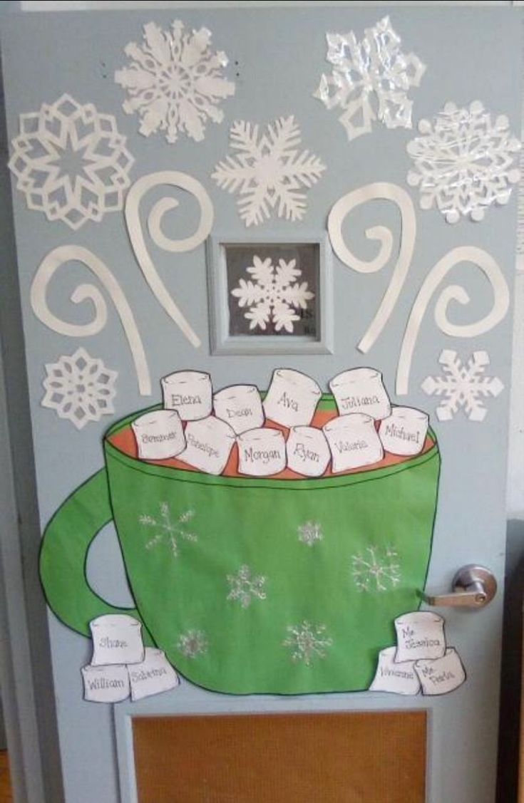 Winter Ideas For Classroom Doors, Classroom Decor Door Christmas, Christmas Ideas Classroom, Snowman Door Decoration For Classroom Winter Bulletin Boards, January Decorations Classroom, Holiday Posters For School, Christmas Decor Bulletin Board, School Holiday Door Decorations, Preschool Holiday Door Ideas