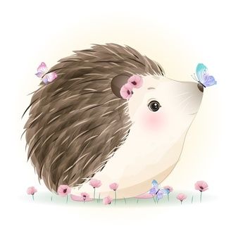 an illustration of a hedgehog with flowers in its hair and butterflies on it's head