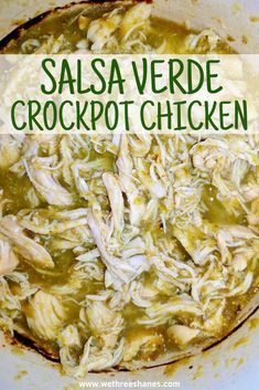 salsa verde crockpot chicken in a white bowl with text overlay