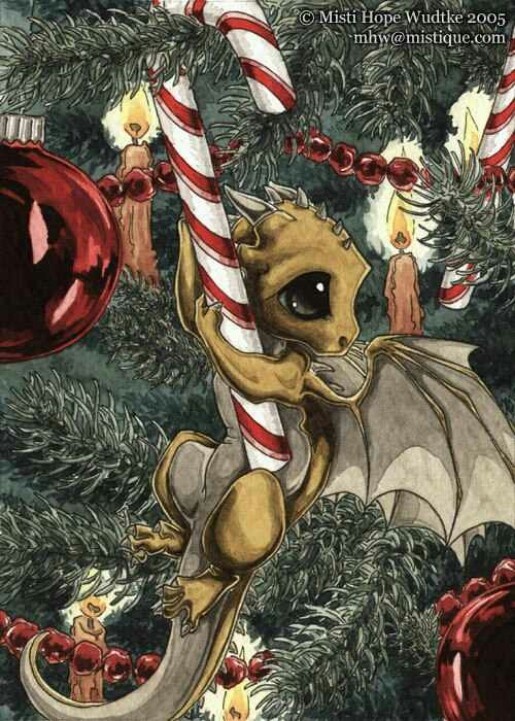 a christmas card with an image of a dragon holding a candy cane in its mouth