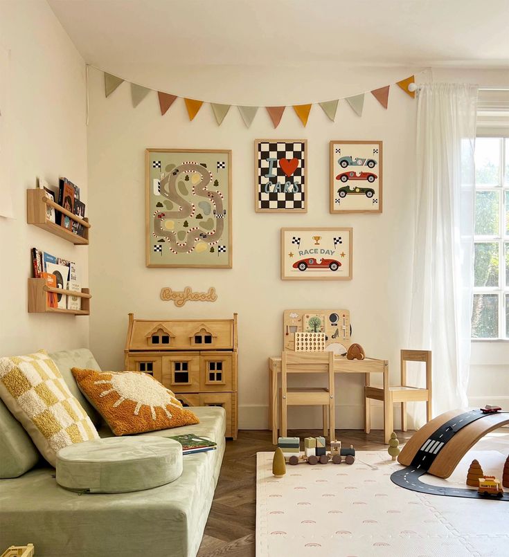 a living room filled with furniture and pictures on the wall