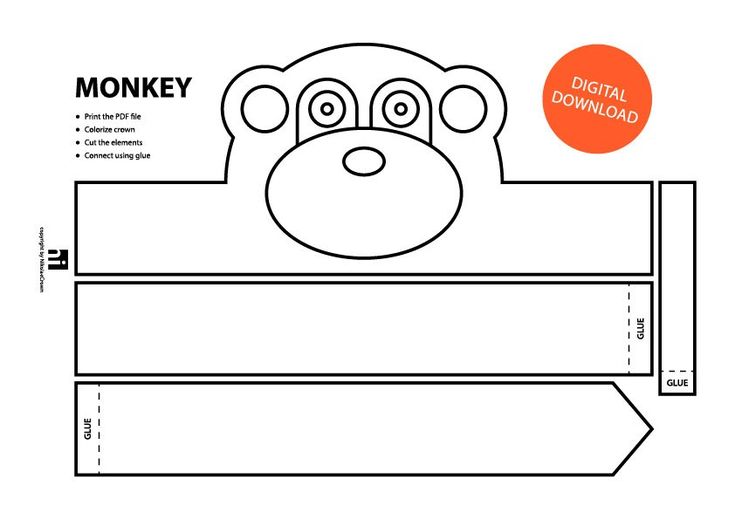 Monkey DIY Coloring Crown. Perfect for kids parties, kids theater, birthdays, playtime or carnivals. You'll receive one PDF and one JPG file. Just download, print, color, cut and glue. you will need * Printer with color ink  * Print card stock or standard paper - 8.5 x 11/Letter Size * Paint, Crayons, or Felt-tip pens * Craft Knife or Scissors * Tape or Glue about printing The files will be available for download after payment is confirmed. To open and print your PDF file you will need Adobe Rea Paper Crown Printable, Coloring Face, Printable Crown, Crown Printable, Monkey Mask, Monkey Monkey, Crown Template, Bible Svg, Pen Craft