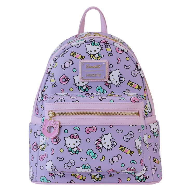 What's not to love about Hello Kitty! Treat yourself to this cute All-over-print backpack featuring hello kitty surrounded by colorful sweets! There's sprinkles, donuts, an assortment of wrapped candies, and matching hello kitty bows printed on this adorable bag. And don't forget the Hello Kitty donut Zipper charm! This bag is sure to satisfy your Hello Kitty craving! Material: Faux leather (polyurethane) Features: Front zip pocket, 2 side pockets, inside zip pocket, enamel zipper charm, and pri Cute Hello Kitty Print Backpack For Travel, Cute Hello Kitty Travel Backpack, Playful Hello Kitty Backpack, Playful Hello Kitty Print Backpack, Kawaii Hello Kitty Backpack For Everyday Use, Hello Kitty Kawaii Backpack For Back To School, Kawaii Hello Kitty Backpack For Back To School, Kawaii Hello Kitty Backpack For Travel, Kawaii Hello Kitty Travel Backpack