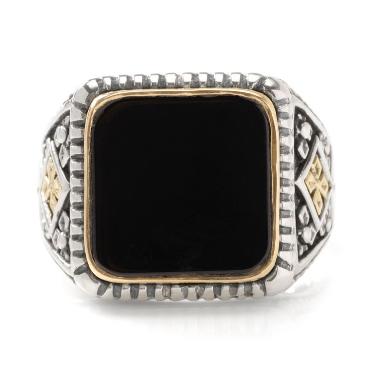 Inspired by Greek mythology, each piece of jewelry designed by Konstantino features intricate details and luxurious metals. This sterling silver ring is no exception, with delicate 18k gold highlights and a rich black onyx stone setting. Available in multiple sizes. Includes branded Konstantino gift packaging. Luxury Black Engraved Ring For Formal Occasions, Elegant Black Sterling Silver Engraved Ring, Elegant Black Engraved Sterling Silver Ring, Silver Onyx Signet Ring Luxury Style, Luxury Silver Onyx Signet Ring, Luxury Silver Signet Ring With Onyx, Luxury Onyx Signet Ring With Gemstone, Luxury Black Engraved Ring With Polished Finish, Luxury Black Engraved Ring In Sterling Silver