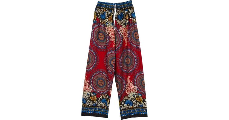 Robust Red Boho Rayon Pants with Mandala Prints in Clothing - Red boho dual mandala and floral printed wide-leg free-flowing pants that are perfect for any occasion. Features: Split-Skirts-Pants, Pocket, Vacation, Beach, Printed, Bohemian. Bohemian Red Harem Bottoms, Red Bohemian Harem Bottoms, Red Wide Leg Pants For Festivals, Red Hippie Harem Pants For Festival, Bohemian Red Pants, Bohemian Red Trousers, Red Bohemian Trousers, Red Bohemian Bottoms With Elastic Waistband, Red Bohemian Wide-leg Harem Pants