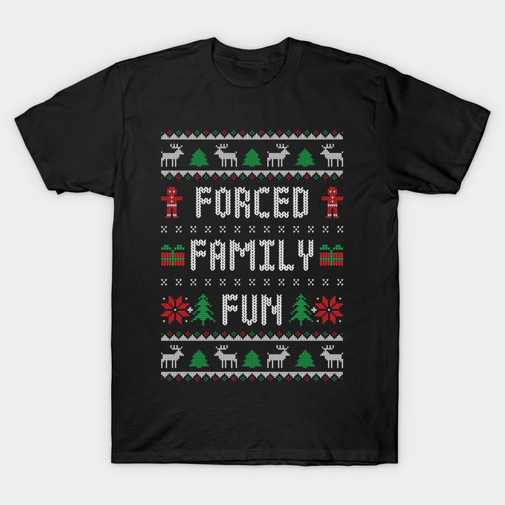 Celebrate the Holiday Season in style with our “Funny Ugly Christmas Sweater - Forced Family Fun” tee! This humorous t-shirt, inspired by the knit look of classic ugly Christmas sweaters, features festive reindeer, Christmas trees, presentsm and gingerbread men with the caption “Forced Family Fun”. It's perfect for all your holiday family parties and is sure to turn heads and spark conversation. Spread smiles with this anti-social inspired Christmas tee. It also makes a great Christmas gift! Whe Funny Family Christmas Sweaters, Family Christmas Sweaters, Funny Ugly Christmas Sweater, Squad Outfits, Christmas T Shirt Design, Funny Christmas Tshirts, Ugly Christmas Sweaters, Xmas Tees, Family Holiday Photos