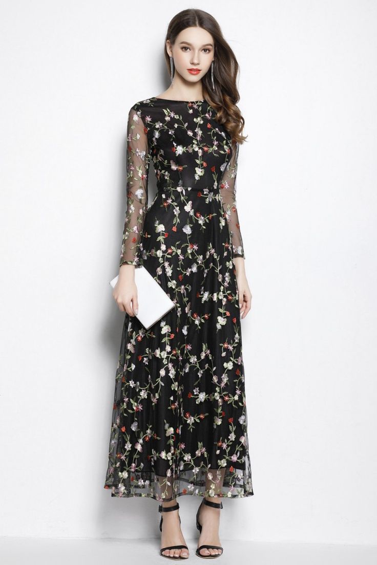 Shop Black Round Neck Sheer Sleeve Embroidery Party Dress online. SheProm offers formal, party, casual & more style dresses to fit your special occasions. Trendy Dress Styles, Corak Bunga, Sleeve Embroidery, Dress Embroidery, Party Dresses Online, Party Dress Long Sleeve, Trendy Dress, فستان سهرة, Long Black Dress