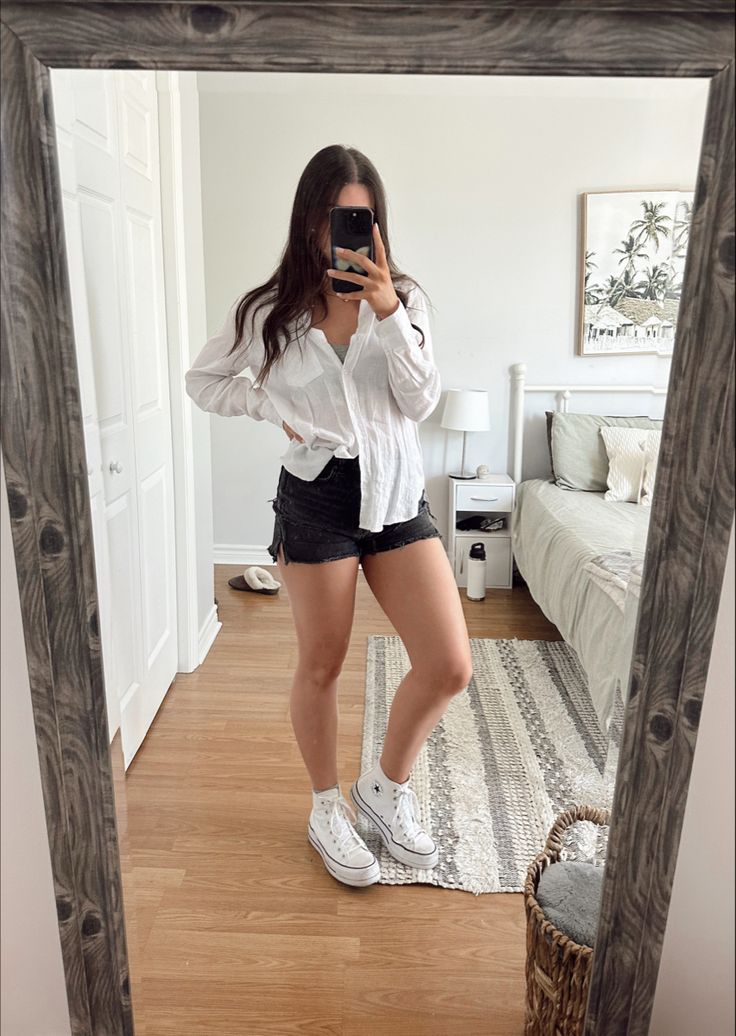 Aritzia White Button Up, Night Out Ideas, Converse White Sneakers, Outfit Ideas College, Short Girl Outfits, University Outfits, Hair Mirror, Shirt Outfit Summer, White Button Shirt