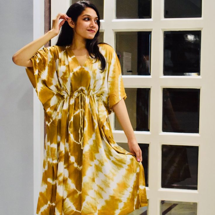 Item Rayon Tie Dye Caftan Usage Tunic, Gown, Maxi, Bikini Cover Up , Beach Wear , Kaftan Etc. Fabric 100% Rayon Size Plus Size Measurement Of Kaftan Bust/Chest Size Fit Up To 64″ Inches Length 36″ Inches Yellow Flowy Dress For Beach Cover-up, Flowy Yellow Tunic Maxi Dress, Yellow Maxi Length Kaftan For Spring, Yellow Flowy Beachwear Dress, Yellow V-neck Beachwear Maxi Dress, Flowy Yellow Maxi Dress For Beachwear, Yellow Bohemian Dress With Kimono Sleeves, Bohemian Yellow Dress With Kimono Sleeves, Yellow Dresses With Kimono Sleeves For Vacation