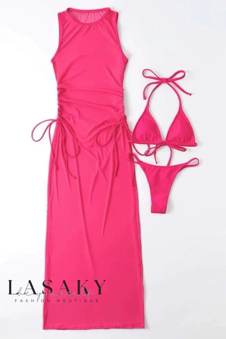 Lasaky - Elegant Solid Color Bikini Swimsuit with Stylish Separates Stretch Swimwear With Drawstring For Party, Stretch Drawstring Swimwear For Party, Pink Backless Party Swimwear, Drawstring Swimwear For Beach Season Party, Fitted Backless Pink Swimwear, Fitted Pink Backless Swimwear, Pink Fitted Backless Swimwear, Pink Drawstring Swimwear For Beach Season, Pink Drawstring Swimwear For Beach