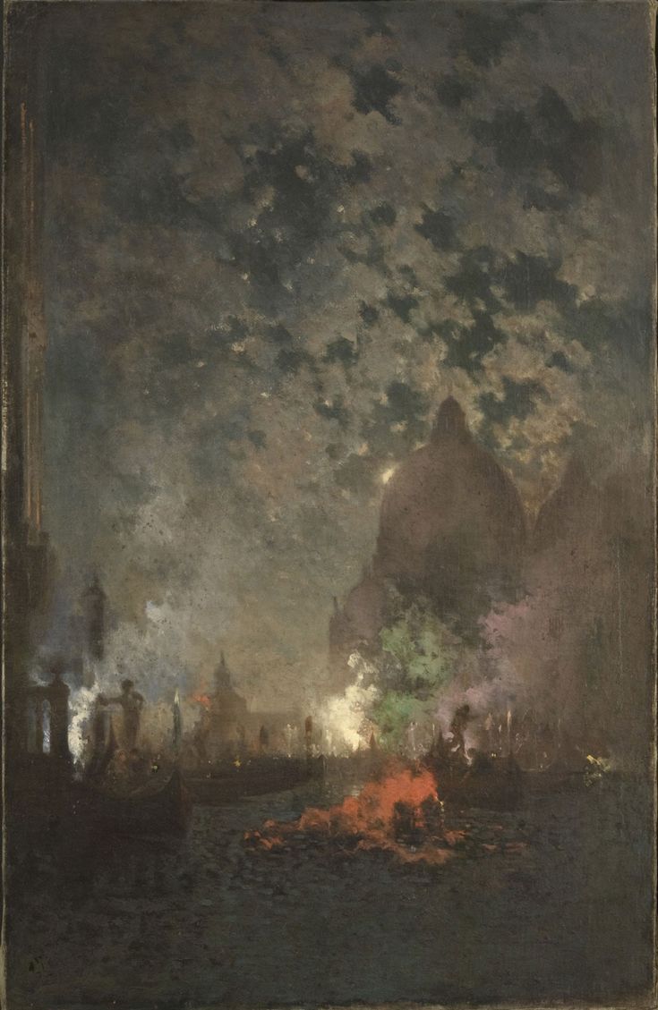 an oil painting on canvas of a cityscape at night with fireworks in the sky