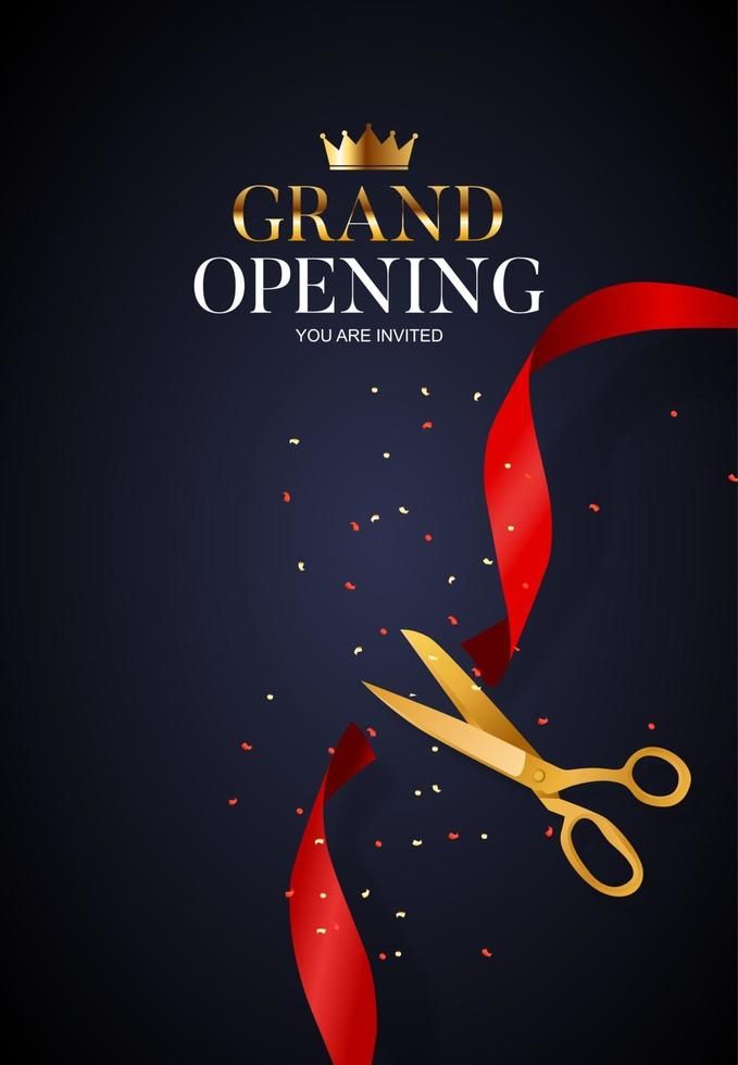 a pair of scissors with red ribbon and confetti in the background that says grand opening you are involved