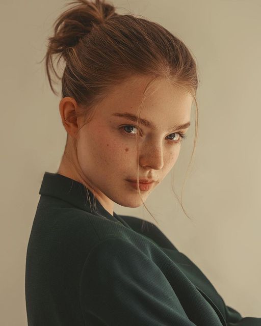 a young woman with freckled hair is posing for the camera while wearing a green sweater