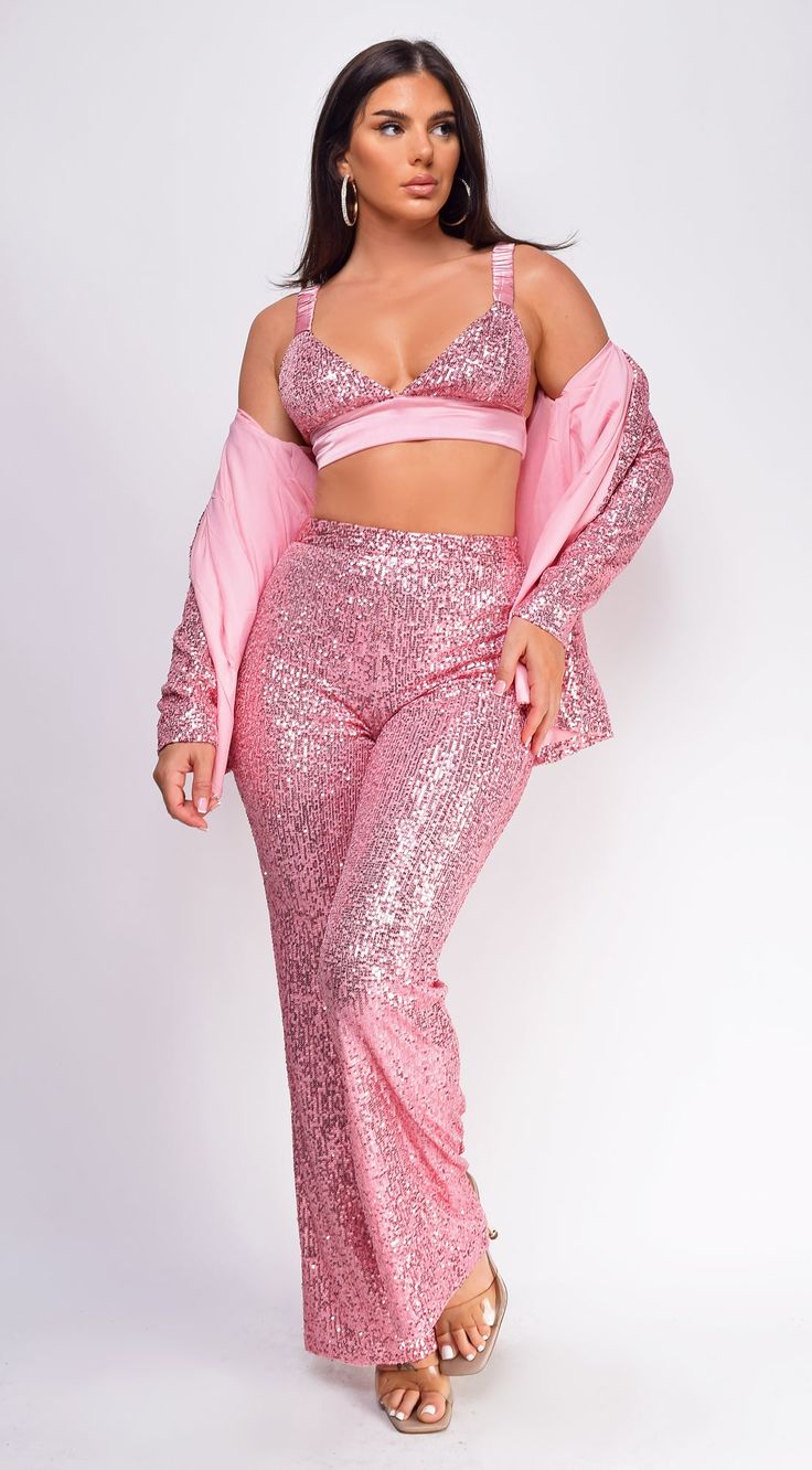 3 piece set  Sequin bodice  95% Poly 5% Span Model's height: 5'6"  Model wears size S Fitted Two-piece Long Sleeve Pant Set, Fitted Two-piece Pant Set With Long Sleeves, Spring Fitted Two-piece Sets, Elegant Fitted Two-piece Bottoms Set, Fitted Party Sets For Spring, Chic Fitted Pink Sets, Two-piece Fitted Wide Leg Pants, Chic Full Length Stretch Sets, Fitted High Waist Two-piece Bottoms Set